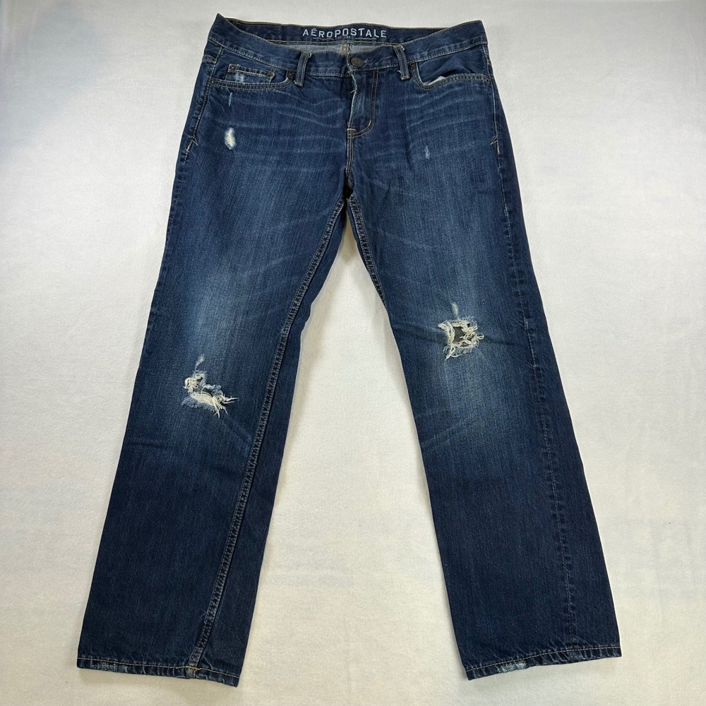 Aeropostale Bowery Slim Straight Jeans Mens 34x30 Blue Distressed Denim 03/13